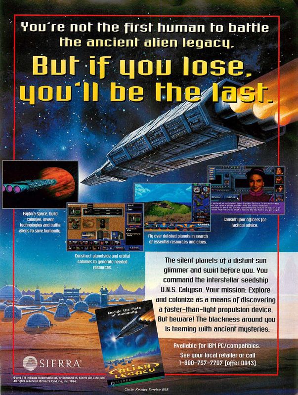 Alien Legacy Magazine Advertisement (Magazine Advertisements): Computer Gaming World (US), Issue 121 (August 1994)