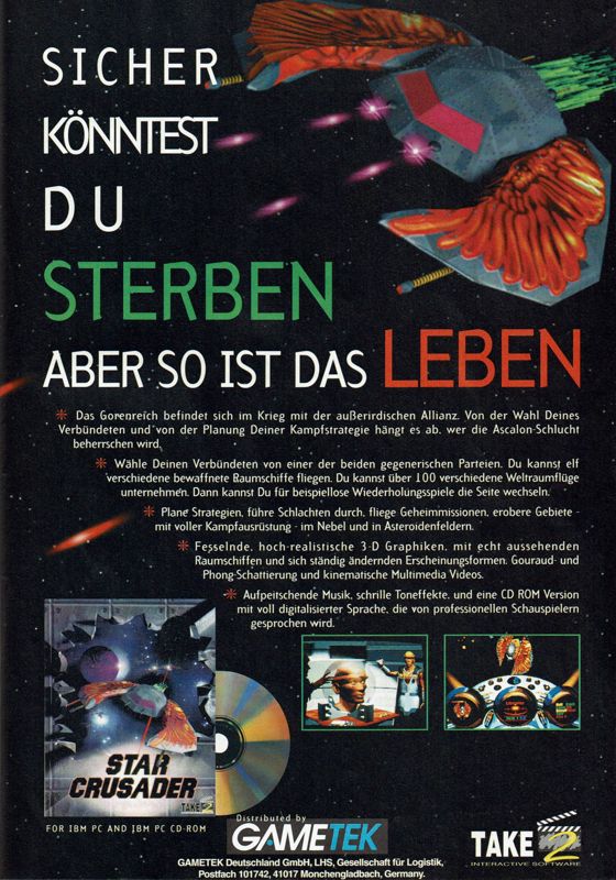 Star Crusader Magazine Advertisement (Magazine Advertisements): PC Player (Germany) - Issue 10/1994