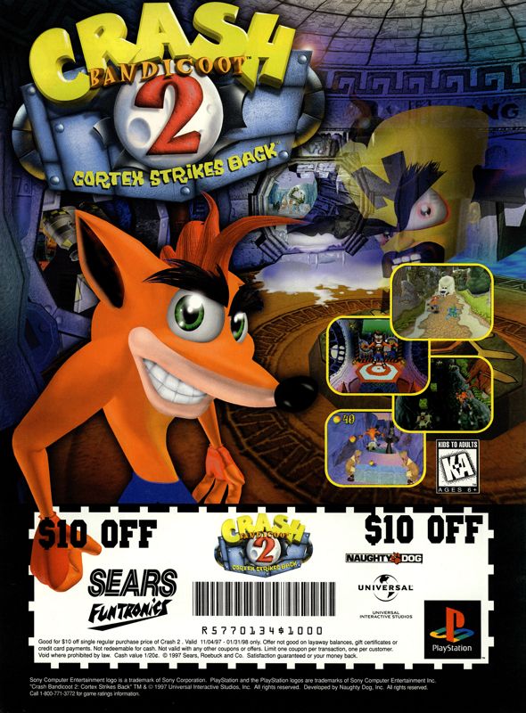 Crash Bandicoot 2: Cortex Strikes Back Magazine Advertisement (Magazine Advertisements): Next Generation (U.S.) Issue #36 (December 1997)