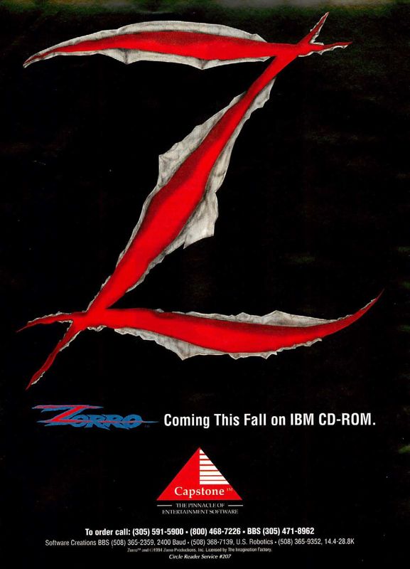 Zorro Magazine Advertisement (Magazine Advertisements): Computer Gaming World (US), Issue 122 (September 1994)