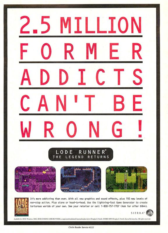 Lode Runner: The Legend Returns Magazine Advertisement (Magazine Advertisements): Computer Gaming World (US), Issue 122 (September 1994)