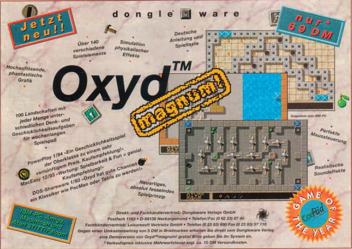 Oxyd magnum! Magazine Advertisement (Magazine Advertisements): PC Games (Germany), Issue 02/1994