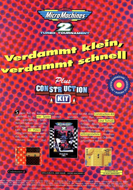 Micro Machines 2: Turbo Tournament Magazine Advertisement (Magazine Advertisements): PC Games (Germany), Issue 09/1995