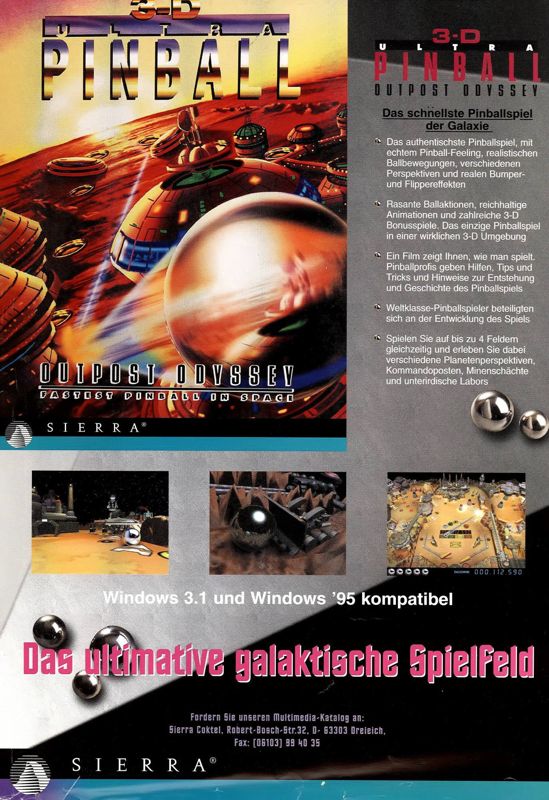 3-D Ultra Pinball Magazine Advertisement (Magazine Advertisements): PC Games (Germany), Issue 10/1995
