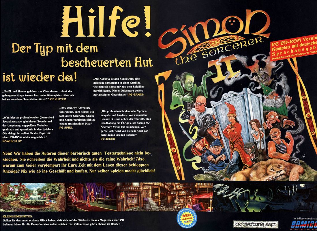 Simon the Sorcerer II: The Lion, the Wizard and the Wardrobe Magazine Advertisement (Magazine Advertisements): PC Games (Germany), Issue 10/1995