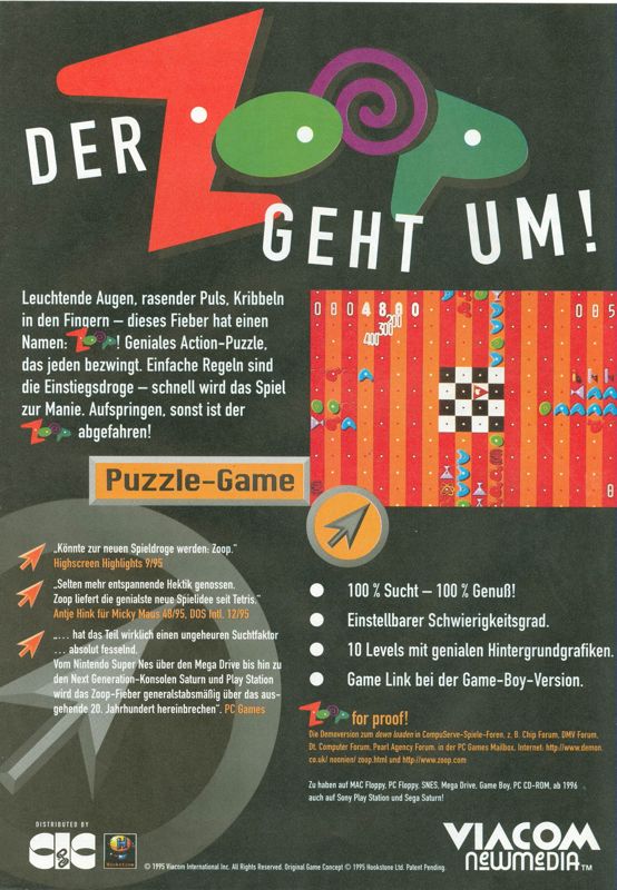 Zoop Magazine Advertisement (Magazine Advertisements): PC Games (Germany), Issue 01/1996