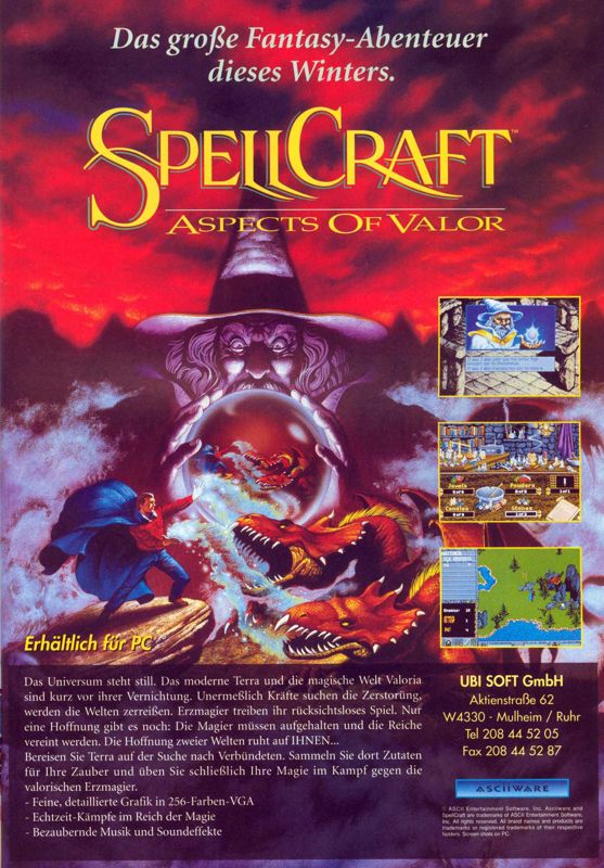 SpellCraft: Aspects of Valor Magazine Advertisement (Magazine Advertisements): ASM (Germany), Issue 12/1992