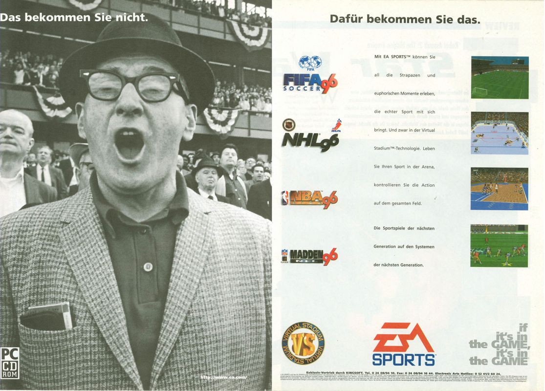 FIFA Soccer 96 Magazine Advertisement (Magazine Advertisements): PC Games (Germany), Issue 01/1996