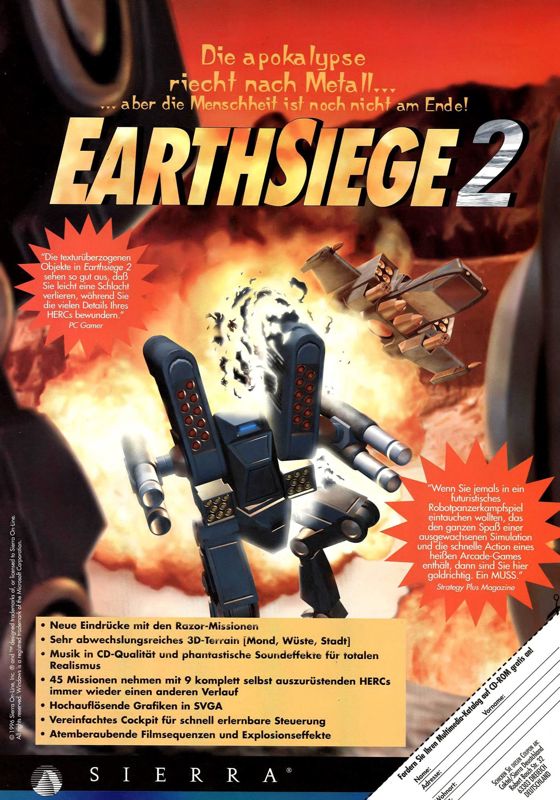 EarthSiege 2 Magazine Advertisement (Magazine Advertisements): PC Games (Germany), Issue 06/1996