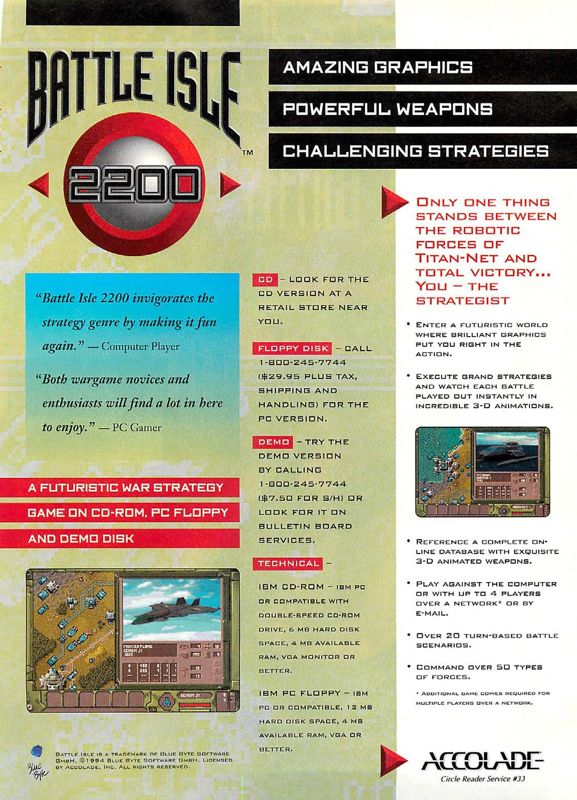 Battle Isle 2200 Magazine Advertisement (Magazine Advertisements): Computer Gaming World (US), Issue 123 (October 1994)