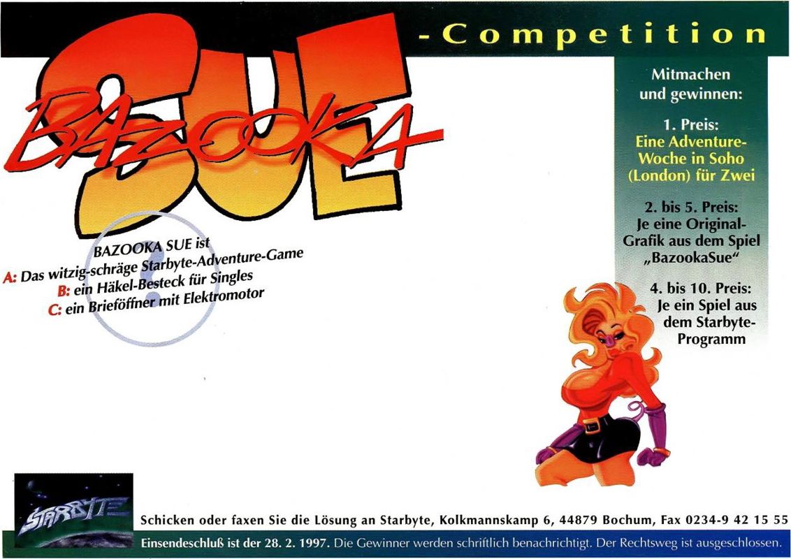 Bazooka Sue Magazine Advertisement (Magazine Advertisements): PC Games (Germany), Issue 03/1997