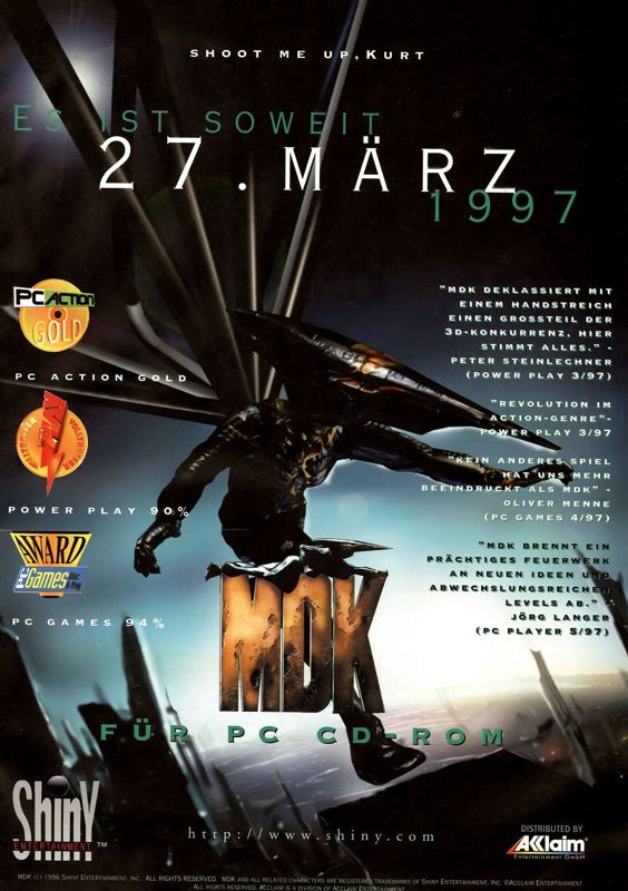 MDK Magazine Advertisement (Magazine Advertisements): PC Games (Germany), Issue 05/1997