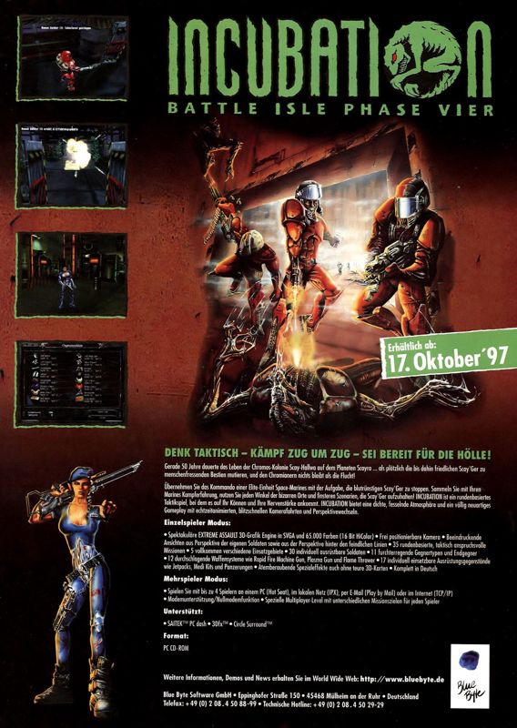Incubation: Time is Running Out Magazine Advertisement (Magazine Advertisements): PC Games (Germany), Issue 10/1997