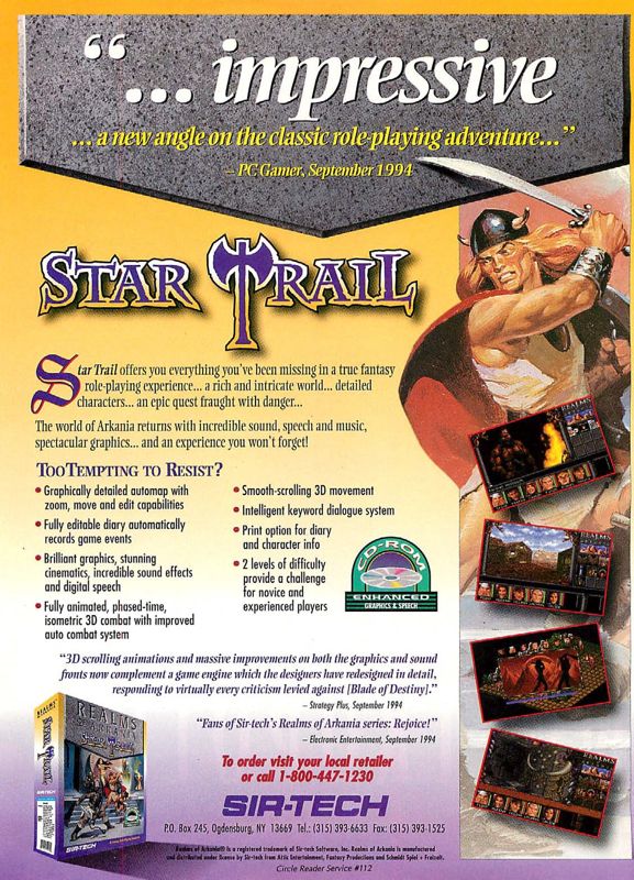 Realms of Arkania: Star Trail Magazine Advertisement (Magazine Advertisements): Computer Gaming World (US), Issue 124 (November 1994)