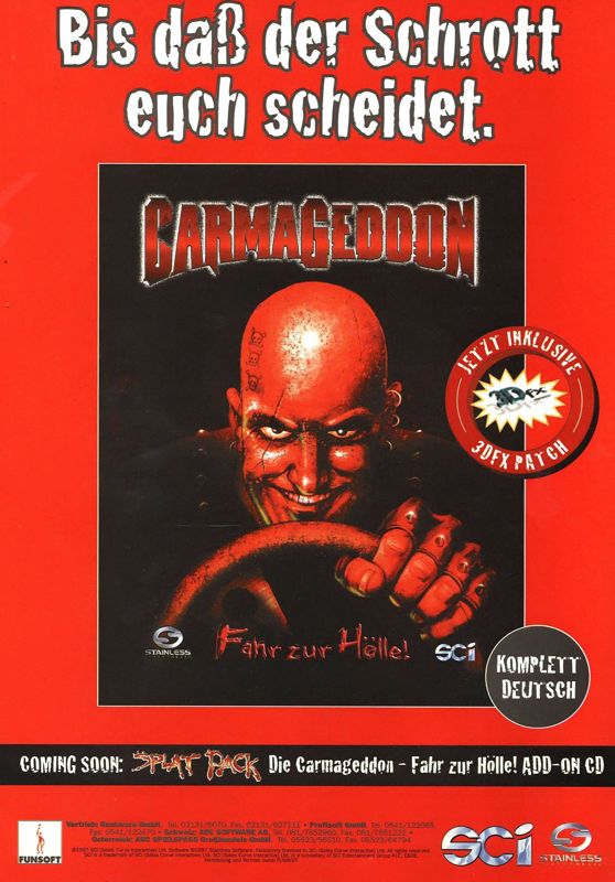 Carmageddon: Splat Pack Magazine Advertisement (Magazine Advertisements): PC Games (Germany), Issue 01/1998