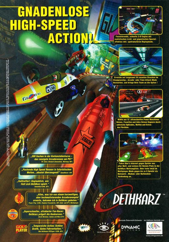 Dethkarz Magazine Advertisement (Magazine Advertisements): PC Games (Germany), Issue 01/1999