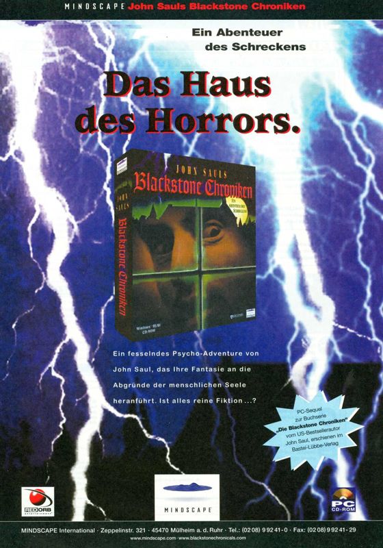 John Saul's Blackstone Chronicles: An Adventure in Terror Magazine Advertisement (Magazine Advertisements): PC Games (Germany), Issue 01/1999