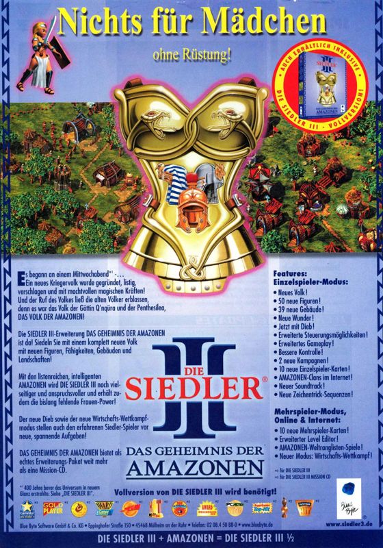 The Settlers III: Quest of the Amazons Magazine Advertisement (Magazine Advertisements): PC Games (Germany), Issue 11/1999