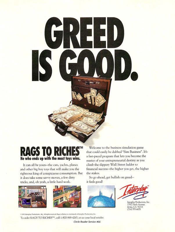 Rags to Riches: The Financial Market Simulation Magazine Advertisement (Magazine Advertisements): Computer Gaming World (US), Number 106 (May 1993)