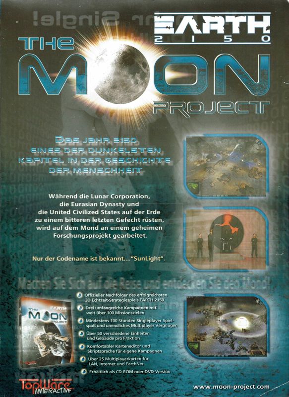 Earth 2150: The Moon Project Magazine Advertisement (Magazine Advertisements): PC Player (Germany), Issue 12/2000
