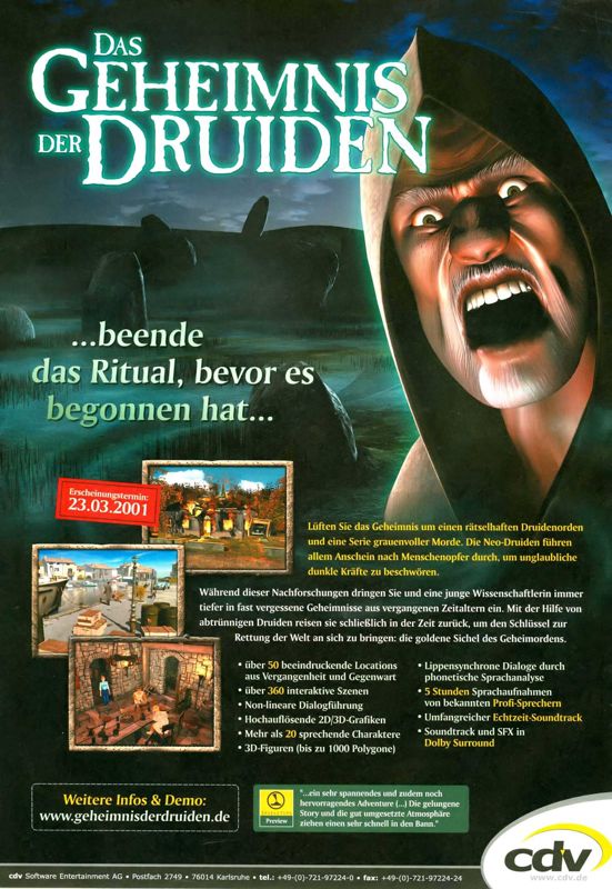 The Mystery of the Druids Magazine Advertisement (Magazine Advertisements): PC Games (Germany), Issue 05/2001