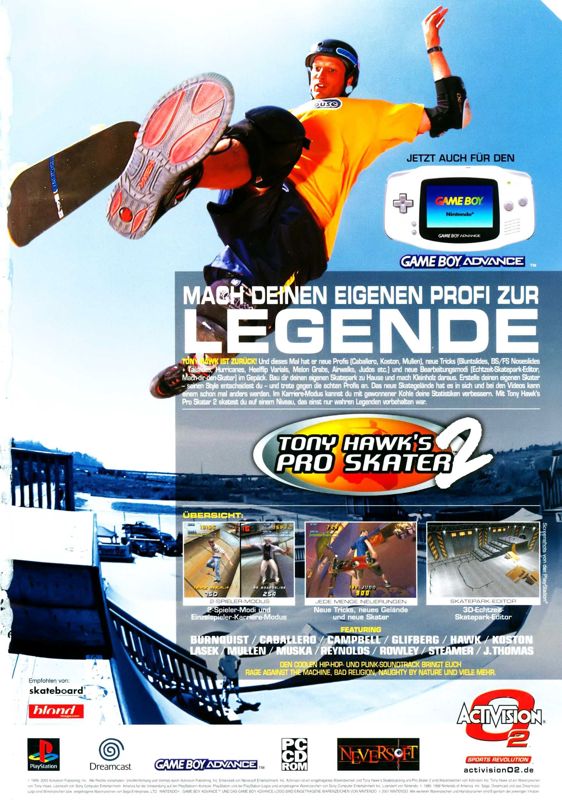 Tony Hawk's Pro Skater 2 Magazine Advertisement (Magazine Advertisements): PC Games (Germany), Issue 09/2001