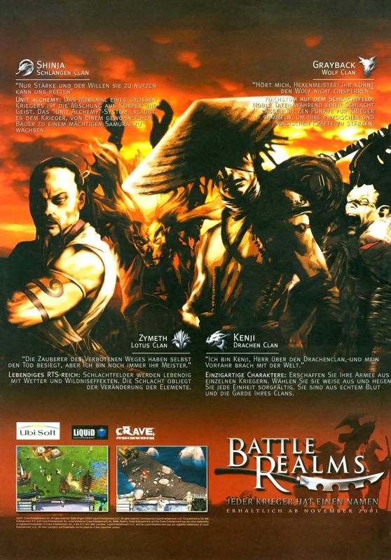 Battle Realms Magazine Advertisement (Magazine Advertisements): PC Games (Germany), Issue 12/2001