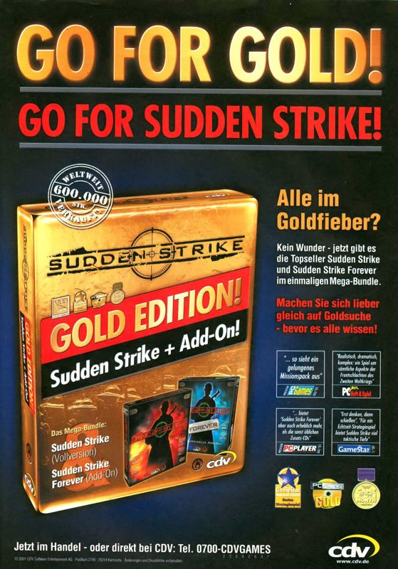 Sudden Strike: Gold Edition Magazine Advertisement (Magazine Advertisements): PC Games (Germany), Issue 01/2002