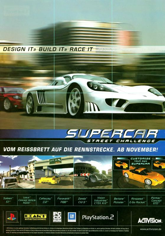 Supercar Street Challenge Magazine Advertisement (Magazine Advertisements): PC Games (Germany), Issue 01/2002