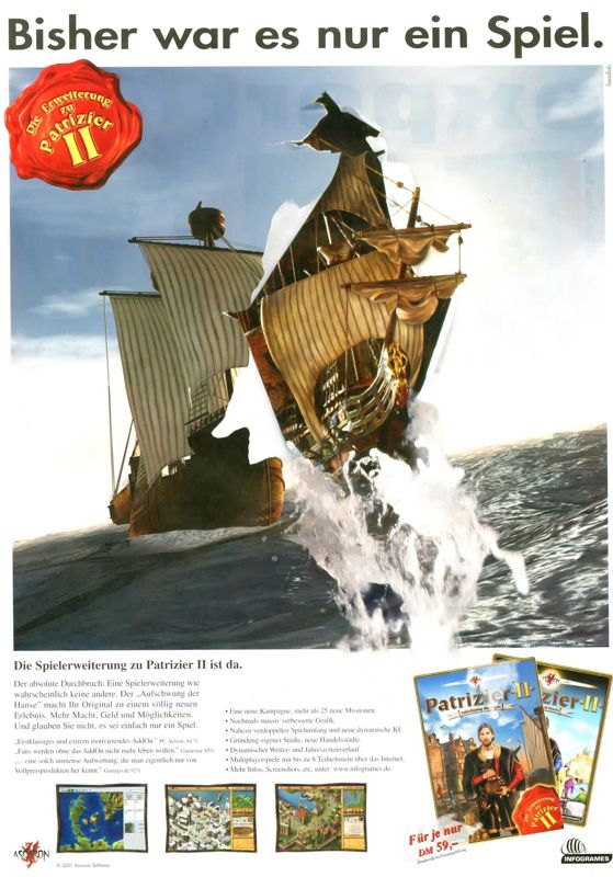 Patrizier II: Aufschwung der Hanse Magazine Advertisement (Magazine Advertisements): PC Games (Germany), Issue 01/2002