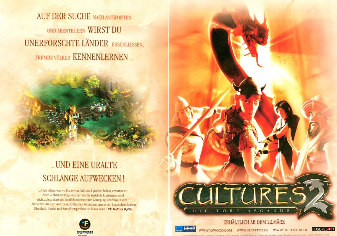 Cultures 2: The Gates of Asgard Magazine Advertisement (Magazine Advertisements): PC Games (Germany), Issue 04/2002