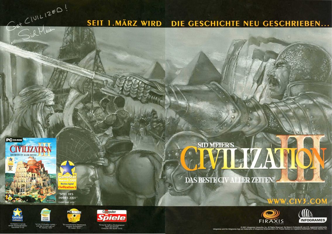 Sid Meier's Civilization III Magazine Advertisement (Magazine Advertisements): PC Games (Germany), Issue 04/2002