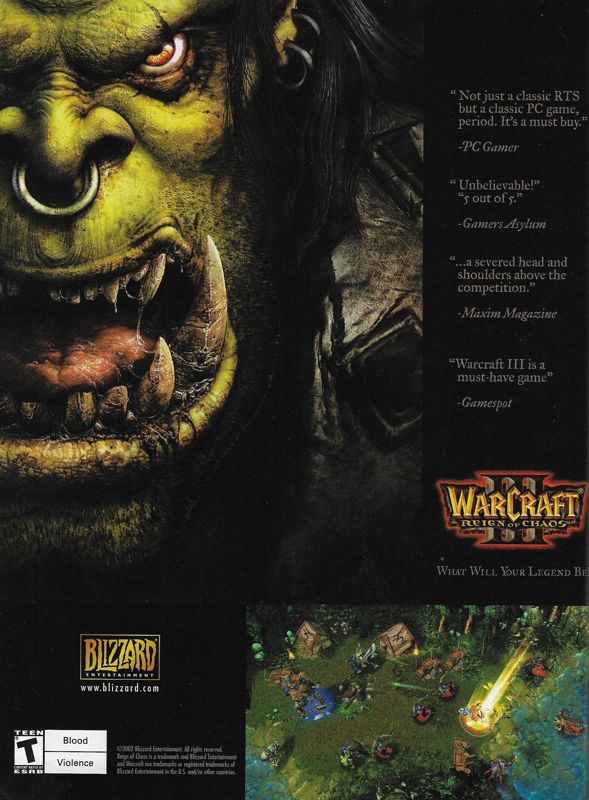 WarCraft III: Reign of Chaos Magazine Advertisement (Magazine Advertisements): PC Gamer (United States), Issue 102 (October 2002)