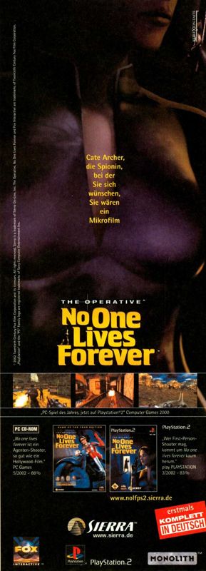 The Operative: No One Lives Forever - Game of the Year Edition Magazine Advertisement (Magazine Advertisements): PC Games (Germany), Issue 07/2002