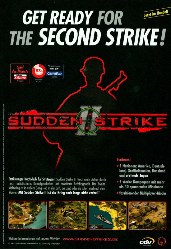 Sudden Strike II Magazine Advertisement (Magazine Advertisements): PC Games (Germany), Issue 08/2002