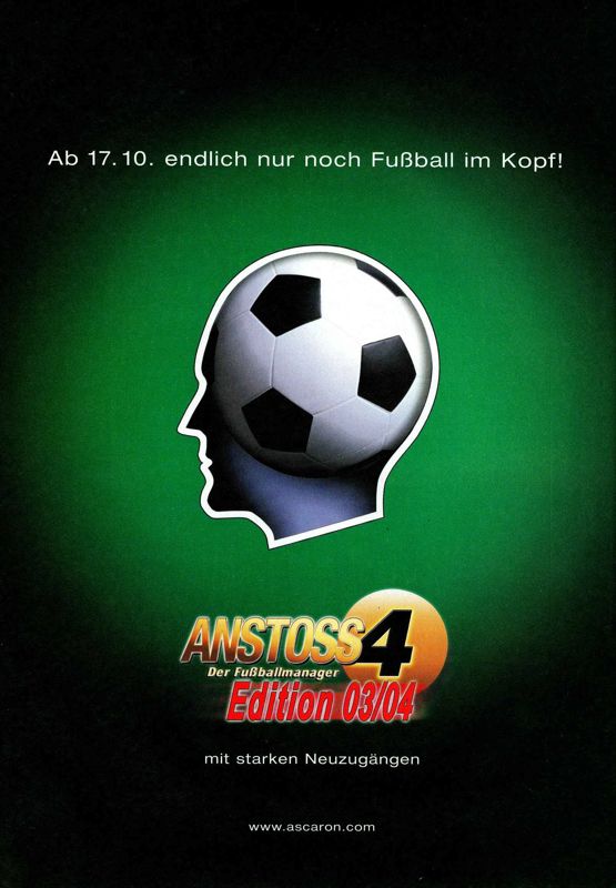 Anstoss 4: Der Fußballmanager - Edition 03/04 Magazine Advertisement (Magazine Advertisements): PC Games (Germany), Issue 10/2003