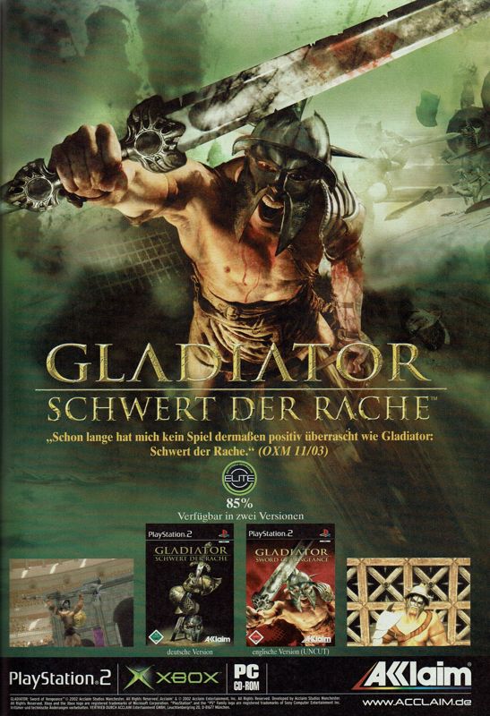 Gladiator: Sword of Vengeance Magazine Advertisement (Magazine Advertisements): PC Games (Germany), Issue 02/2004