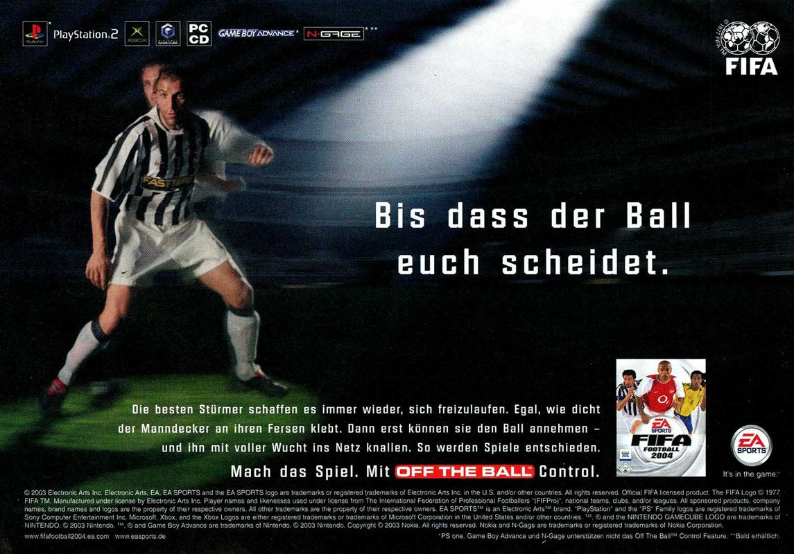 FIFA Soccer 2004 Magazine Advertisement (Magazine Advertisements): PC Games (Germany), Issue 01/2004