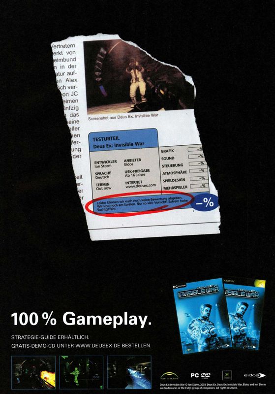 Deus Ex: Invisible War Magazine Advertisement (Magazine Advertisements): PC Games (Germany), Issue 06/2004