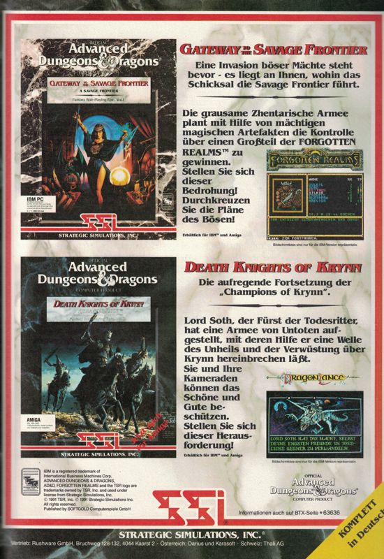 Gateway to the Savage Frontier Magazine Advertisement (Magazine Advertisements): Amiga Joker (Germany), Issue 12/1991