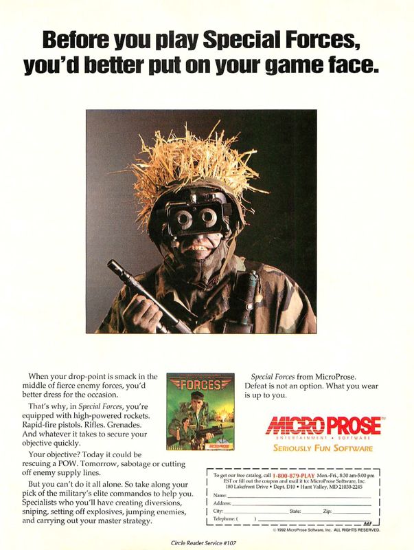 Special Forces Magazine Advertisement (Magazine Advertisements): Computer Gaming World (US), Issue 101, December 1992, p. 29