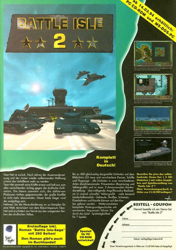 Battle Isle 2200 Magazine Advertisement (Magazine Advertisements): PC Joker (Germany), Issue 03/1994