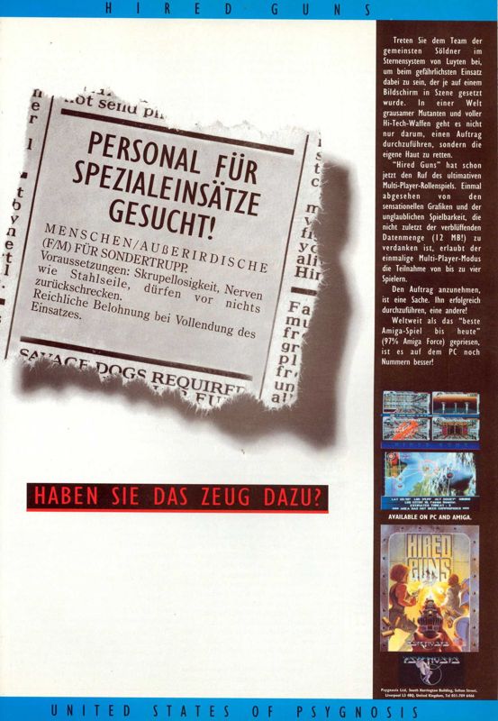Hired Guns Magazine Advertisement (Magazine Advertisements): Amiga Games (Germany), Issue 12/1993