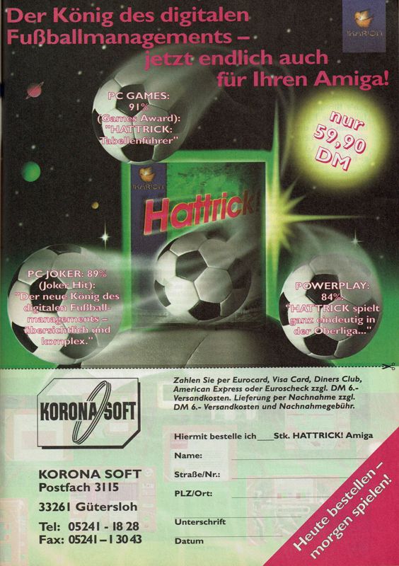 Hattrick! Magazine Advertisement (Magazine Advertisements): Amiga Joker (Germany), Issue 08-09/1996