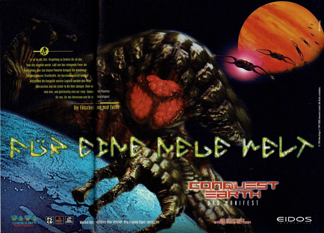 Conquest Earth: "First Encounter" Magazine Advertisement (Magazine Advertisements): PC Player (Germany), Issue 09/1997 Part 1