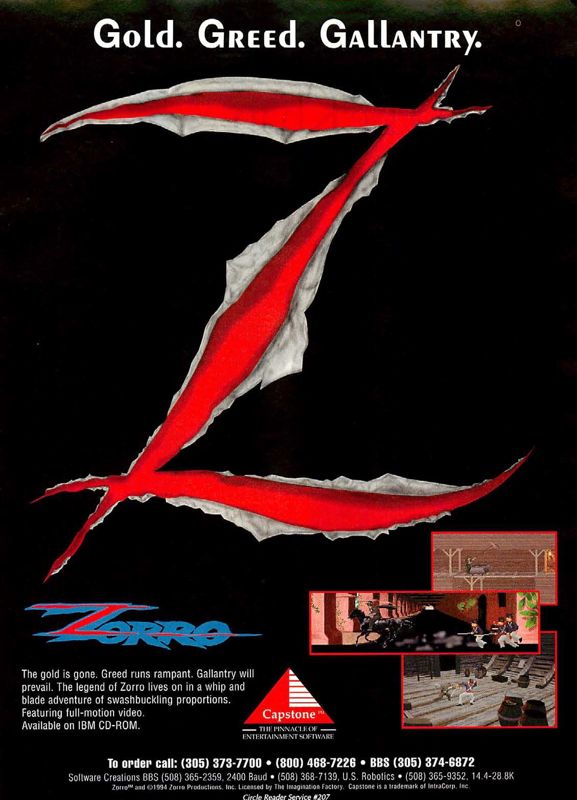 Zorro Magazine Advertisement (Magazine Advertisements): Computer Gaming World (US), Issue 124 (November 1994)