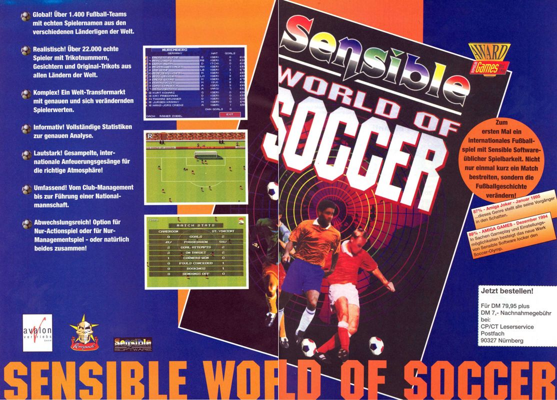 Sensible World of Soccer Magazine Advertisement (Magazine Advertisements): Amiga Games (Germany), Issue 02/1995