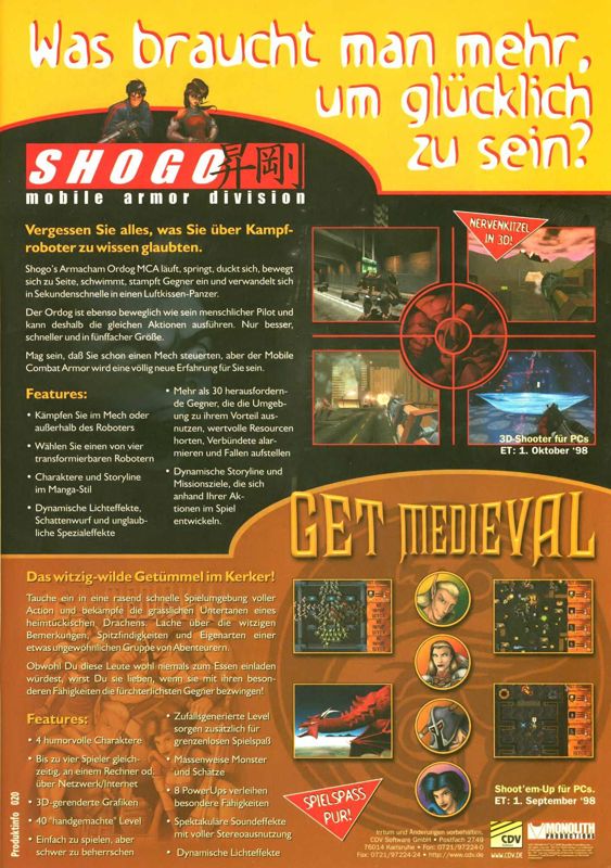 Shogo: Mobile Armor Division Magazine Advertisement (Magazine Advertisements): PC Joker (Germany), Issue 10/1998