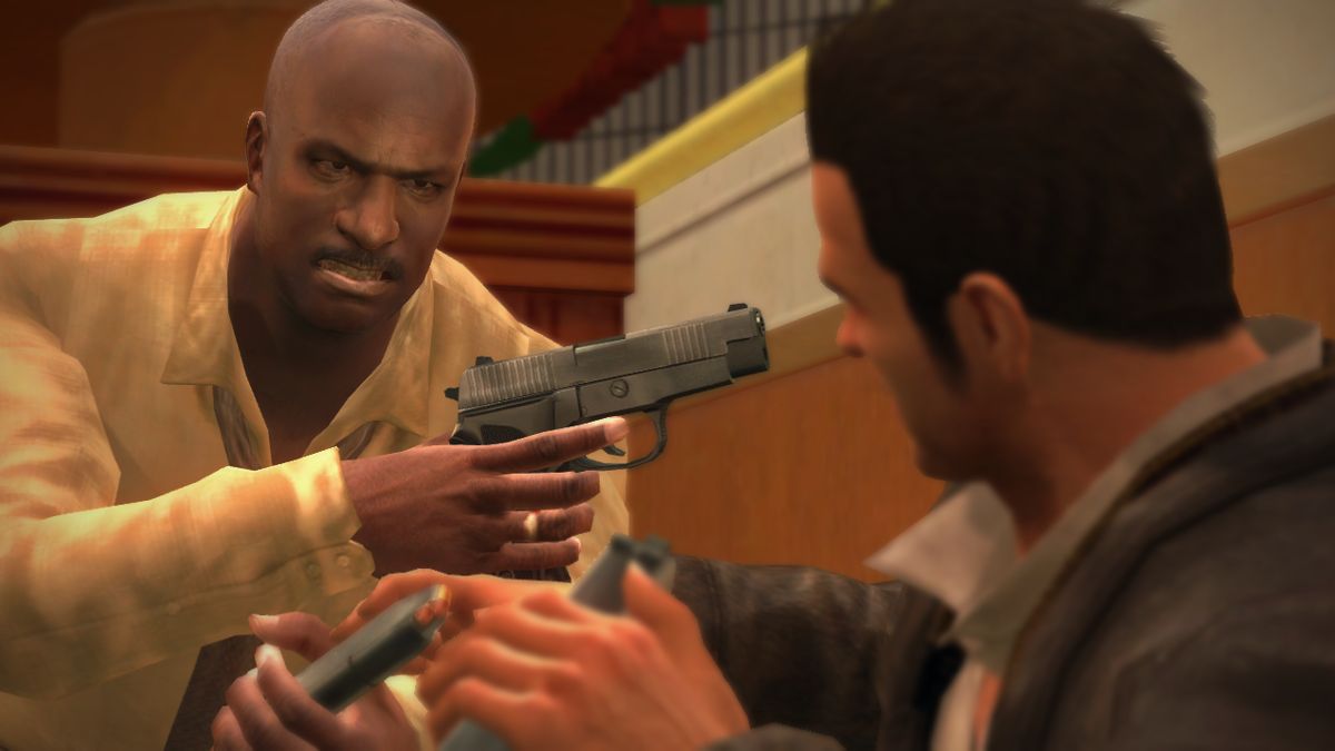 Dead Rising Screenshot (Capcom E3 2006 Press CD): Brad Brad giving machine gun to Frank