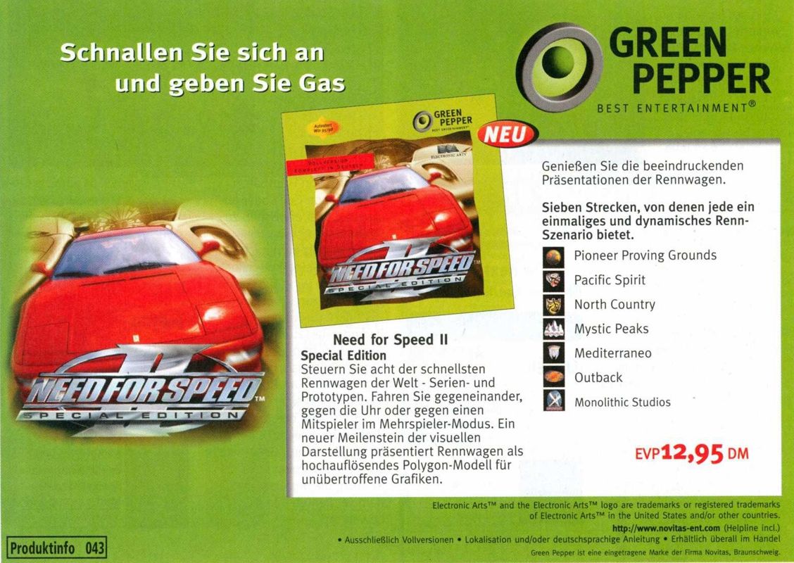 Need for Speed II: SE Magazine Advertisement (Magazine Advertisements): PC Joker (Germany), Issue 02/2000